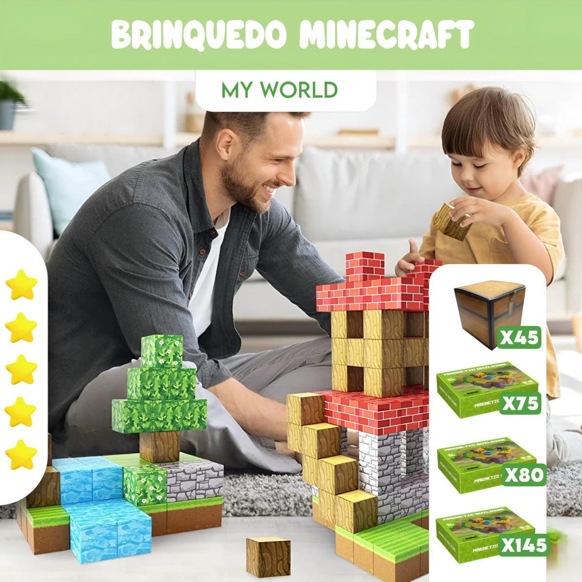 Kit 87 Blocos Magnéticos Construção Minecraft Brinquedo Quantidade De Peças 32